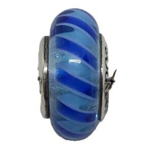 Blue Stripe Murano Glass Bead - Fits most Pandora or Troll Style Bracelets